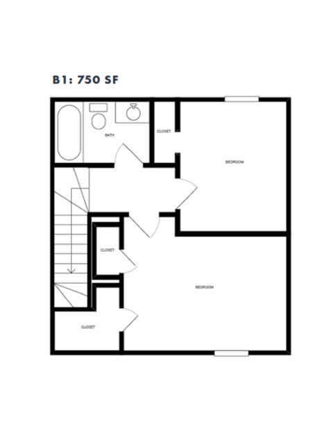 Floor plan for 2 beds, 1 bath, 750 sqft